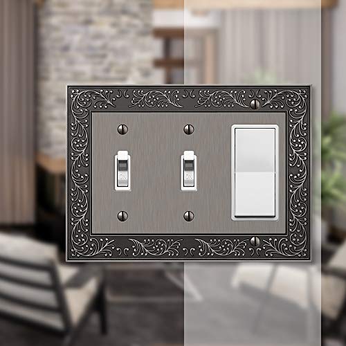 Image of Amerelle 43TTRAN English Garden Wallplate, 2 Toggle / 1 Rocker, Cast Metal, Antique Nickel, 1-Pack