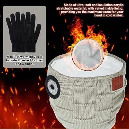 Achort Wireless Bluetooth 5.0 Music Hat with SOS LED Headlight and Gloves Unisex Musical Knitted USB Rechargeable Cap Hands Free Christmas Winter Beanie Washable for Men Women Running Skiing