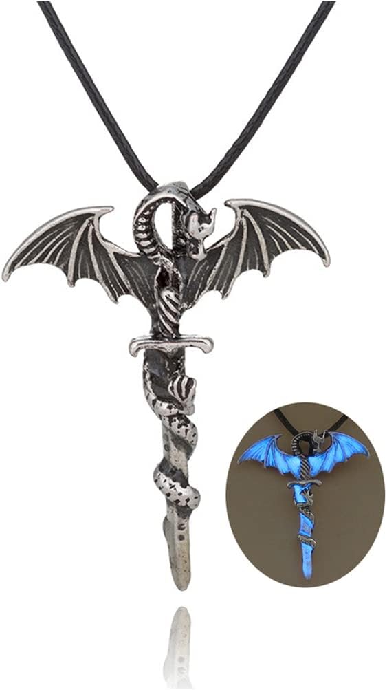 Luminous Dragon Necklace Vintage Gothic Pterodactyl Pendant Necklace Glow in the Night Dragon Sword Necklace Necklace Personality Halloween Stegosaurus Animal Jewelry for Men Women