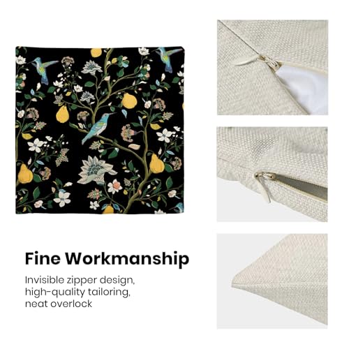 Sorktse Vintage Black Floral Pillow Covers 18x18 Inch Set of 2 Boho Black Hummingbird Wildflower Throw Pillows Spring Summer Chinoiserie Pillowcases Outdoor Decor Linen Cushion Covers for Couch Sofa — view 6