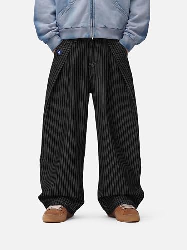Aelfric Eden Baggy Barrel Jeans pour homme et femme à rayures larges Unisexe Vintage Pantalon de loisirs Y2K à rayures Pantalon chino décontracté avec jambe large, Noir , M – vue 2