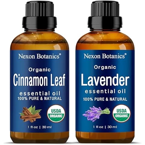 Nexon Botanics Organic Essential Oils Bundle - 100% Natural Lavender and Cinnamon Oils for Aromatherapy, Headaches Relief, Congestion, Mood Enhancement, and Deodorizing Cover
