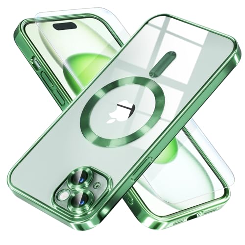 Image of Misea Magnetic for iPhone 15 Case Compatible with MagSafe Green | [Never Yellowing] [Military Drop Protection] Full Camera Lens Protector Plating Soft Clear Phone Case for Women, Green