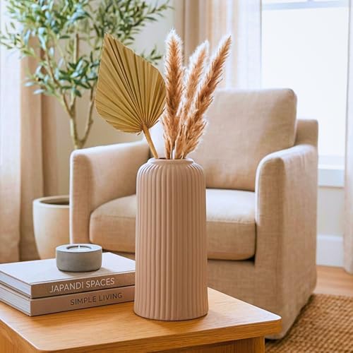 Image of KREATIVE ART'S Modern Ribbed Design Ceramic Flower Vase for Living Room, Flower Pots for Artificial Flower, Home Decoration Item, Home Decor, Vases for Living Room (Beidge, Medium)