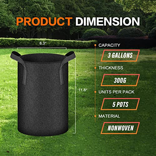 Ipower 3 Gallon Grow Bags Nonwoven Fabric Pots Aeration Container With Strap Handles For Garden And Planting, 5 Count (Pack Of 1), Black #TOP5