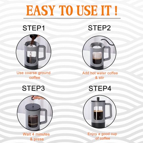 YOLIFE French Press Coffee Maker, 34 oz / 4 Cup Coffee Tea Press with Heat-resistant Borosilicate Glass, 4-Level Filtration Systems, Cold Brew Coffee Maker for Camping Travel Gifts, Grey and Black