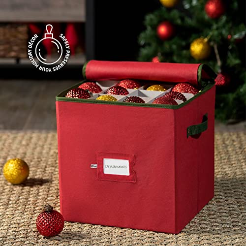 Zober Boîte de rangement pour décorations de Noël avec fermeture Éclair, protège et maintient en sécurité jusqu'à 64 décorations et accessoires de Noël, durable, non tissé, deux poignées