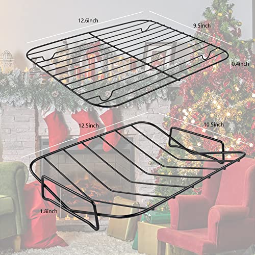 Kitcom Nonstick Roasting Pan With Rack, 16 Inch X 11.5 Inch Rectangular Roaster Set For Roasting Turkey, Chicken, Meat And Veggies, Gray #TOP2