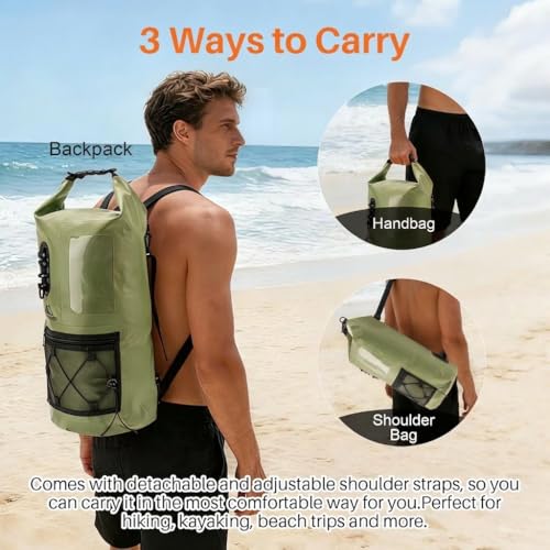 Image of Waterproof Dry Bag 500D PVC Roll Top Dry Sack with 3 Carrying Ways, Lightweight Waterproof Bag for Kayaking, Swimming, Boating, Paddle Boarding, Hiking, Beach (Army Green, 27L)