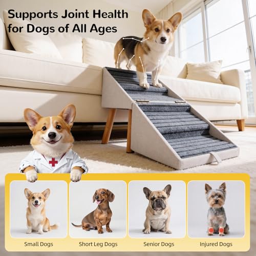 Image of Dog Stairs for Small Dogs, 2-in-1 Foldable Pet Ramp and Ottoman, 17.13 inch H | Non-slip carpeted steps, solid wood support, gentle incline for couches, and a foldable ottoman design for compact storage.