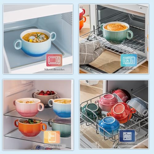 Foto von LOVECASA 420ml Suppentassen mit Henkel, 6-teilige Suppenschüsseln aus Steinzeug, Suppenschalen, Bouillontassen, Müslischüsseln, Bunt