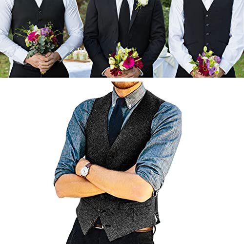 Business Waistcoat for Men V Neck 6 Button Herringbone Wool Tweed Suit Vest for Male Wedding Tuxedos Blazer More Color (Color : Gray, Size : Large)4