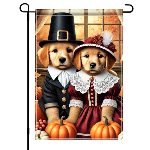 Image of BlissYard Fall Garden Flag 12x18 Inch Golden Retriever Pilgrim Puppie Decor | Double sided polyester, fall pilgrim cat pumpkin design, fall Thanksgiving porch and yard