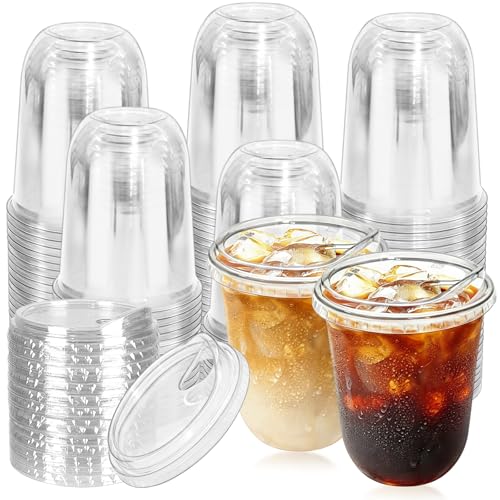 Image of 100 Sets 16 oz Clear Plastic Cups with Lids | Iced Coffee Cups, Disposable Round Bottom, For Cold Drinks, Smoothies, Juice, Milkshake, Wedding & Party Use