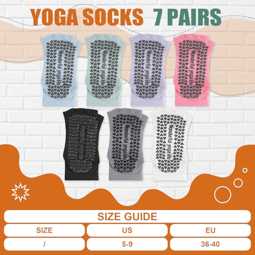 Jeyiour 7 Pairs Yoga Pilates Socks Toeless with Grips Non Slip Yoga Open Toe Pedicure Split Toe Socks for Women2