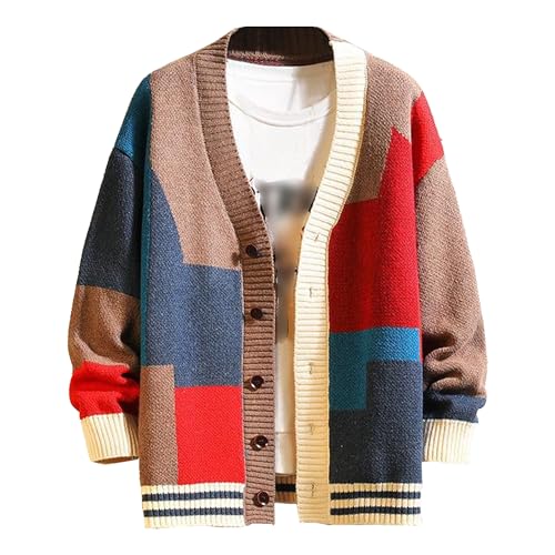JEShifangjiusu Men Shawl Collar Cardigan Cable Knit Buttons Casual Sweater Fleece Long-Sleeve Color Block Sweater With Pocket