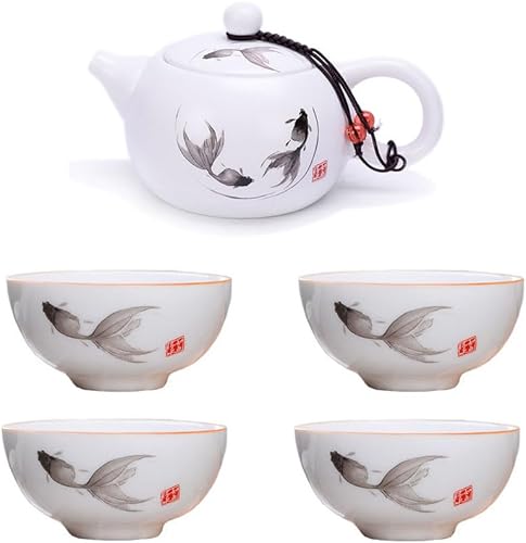 Tetera de porcelana con 4 tazas Juego de té Chinsese Fengshui Fish Gongfu Tea