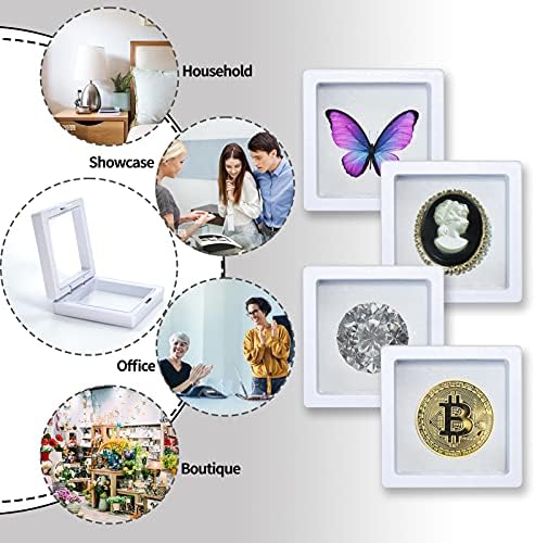 12Pcs 3D Floating Thin Film Jewelry Storage Box, JC-Houser Transparent Frame Display Case Holder for Ring Necklace Bracelet Earring, Dustproof Challenge Coin Medallion Display Case Stand (White)