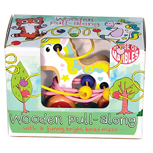 Image of House of Marbles Wooden Unicorn Pull-Along Toy with Built-In Bead Maze, Colourful Wheeled Toddler Activity for Hand-Eye Coordination