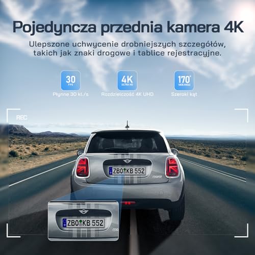Kamera samochodowa WOLFANG 4K przednia i tylna kamera samochodowa Wi-Fi z kartą SD 32 GB, podwójna kamera samochodowa z noktowizorem, nagrywanie w pętli, czujnik G, szeroki kąt 170, osłona parkowania