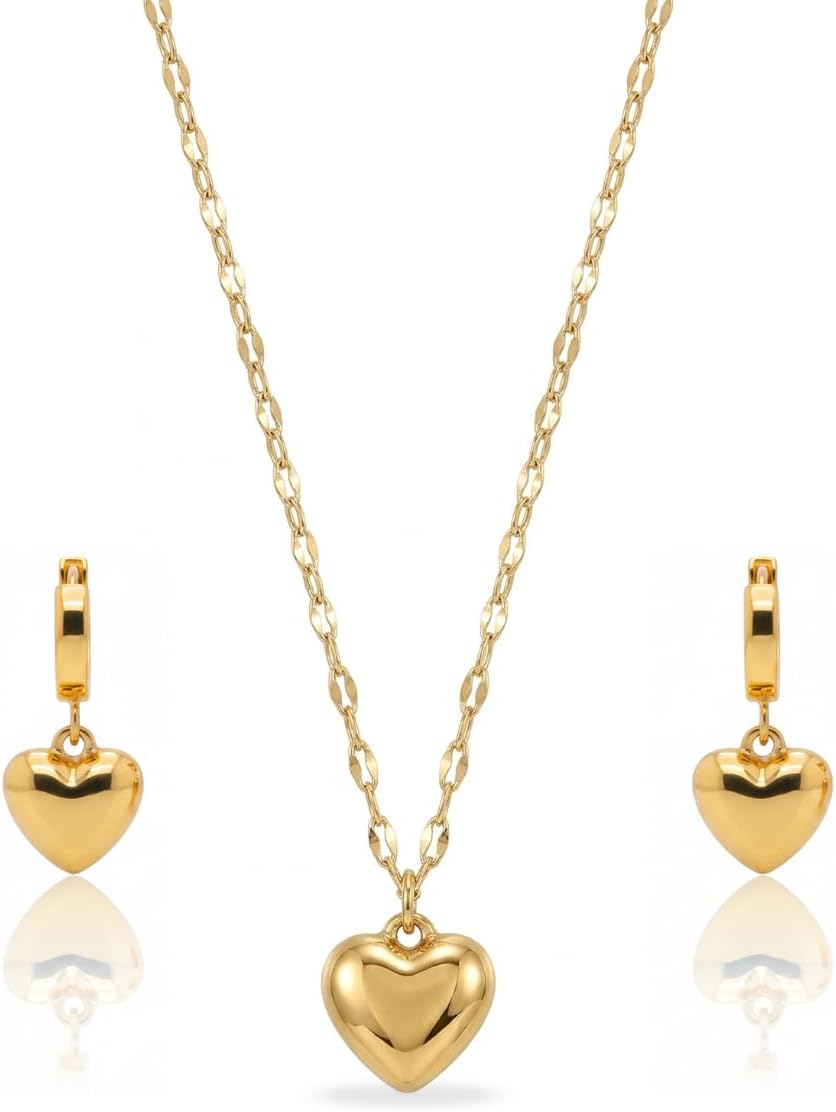 18K Gold Plated Anti Tarnish Heart Earrings With Chain Pendant Necklace Combo Jewellery Set for Women and Girls | Waterproof Lightweight Fashion Jewellery | Perfect for Casual, Party & Office | Gift for Girlfriend, Wife and Best Friend – Ideal for Birthday, Date, Anniversary & Valentine’s Day