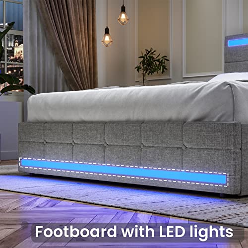 Adorneve Queen Bed Frame With Led Lights Headboard Footboard, Platform Bed Frame With 4 Drawers And 2 Usb Charging Station, Led Bed Frame With Storage, No Box Spring Needed, Light Grey #TOP7