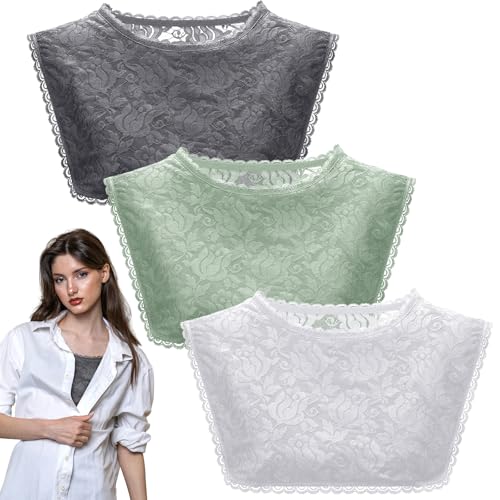 Image of Skicuff 3 Pcs Lace Cleavage Cover up for Low Neckline Fake Collars for Women Modesty Inserts for Low Cut Dresses Crew Collar
