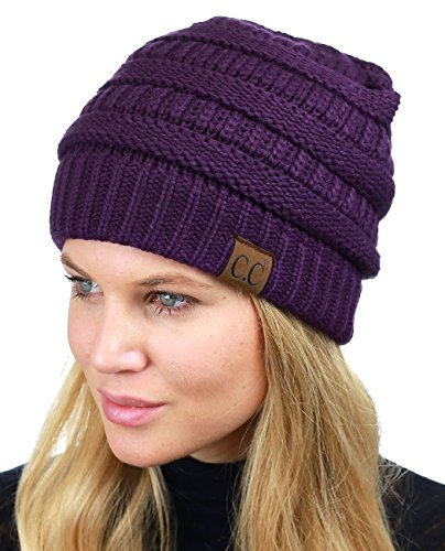 Image of C.C Unisex Chunky Soft Stretch Cable Knit Warm Fuzzy Lined Skully Beanie