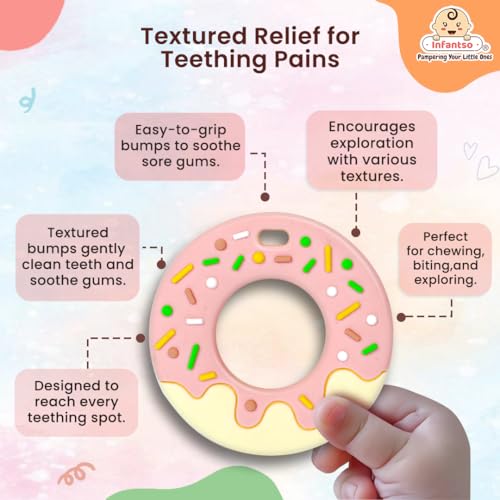 Image of Infantso Soft Silicone Teether for Baby Teething, Donut Teether Toy for 0-12 Months, BPA Free Silicone Soothing Baby Teether | BPA Free, Food Grade Soft & Safe Gum Relief Toy
