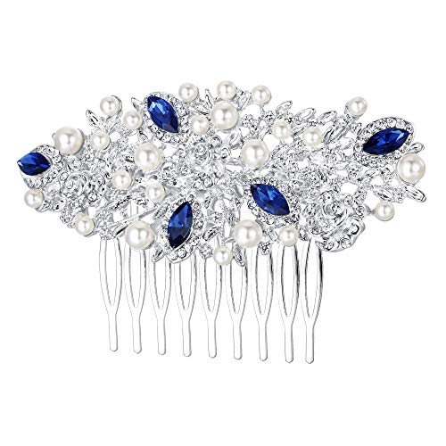 EVER FAITH Wedding Hair Accessory Blue Crystal Cream Simulated Pearl Flower Leaf Vine Hair Comb for Bride