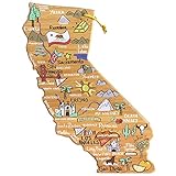 Totally Bamboo California State Shaped Cutting Board and Charcuterie Serving Platter with Artwork by Fish Kiss, Includes Hang Tie for Wall Display