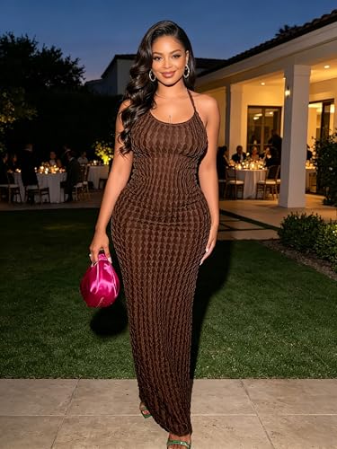 Image of RARITYUS Women's Lace Up Bodycon Maxi Dress Sexy Low Cut Backless Sleeveless Textured Long Party Club Dresses
