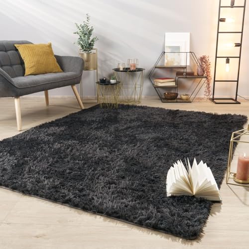 TT Home Teppich Wohnzimmer Hochflor Langflor Weich Soft Modernes Einfarbiges Design, Farbe: Grau Anthrazit, Größe:120x170 cm