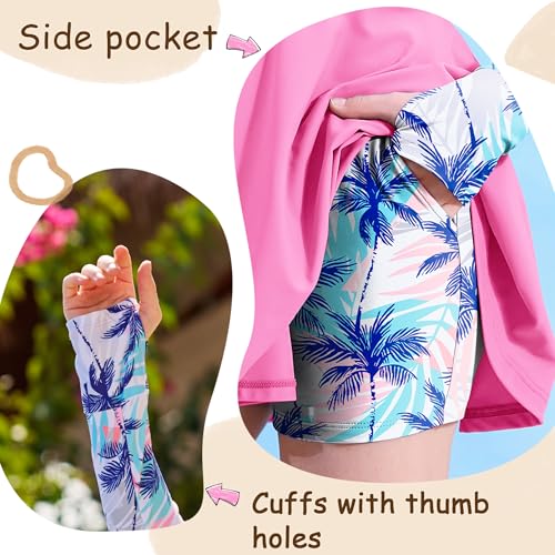 Image of HOZIY Girls Long Sleeve Swimsuit Two Piece Rash Guard Dress with Swim Shorts Front Zip for Kids Tween Teens UPF 50+