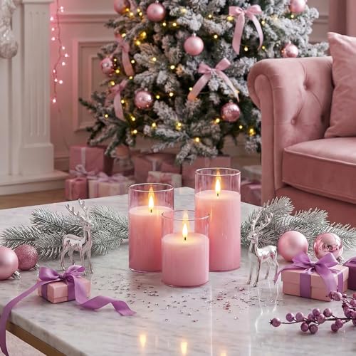 Image of Homemory Pink Glass Flameless Candles, Battery Operated LED Pillar Candles with Remote & Timer, Real Wax Flickering Candles, Romantic Decorative Lights for Home Wedding Party, Set of 3
