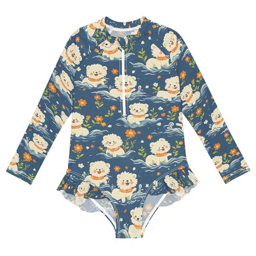 ALAZA Lovely Puppy Dog Blue Blossom Girls One Piece Swimsuit Long Sleeve Rash Guard Swimsuits UV 50+ Swimwear Zipper