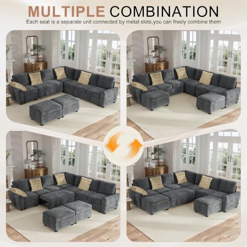 Image of Hanherry 106 inch Sectional Sofa with Pull Out Couch Bed,7 Seat Chenille Sleeper Sofa with 2 Seat Storage & USB Charging,Storage Ottoman,Comfy Modular Couches for Living Room,Apartment