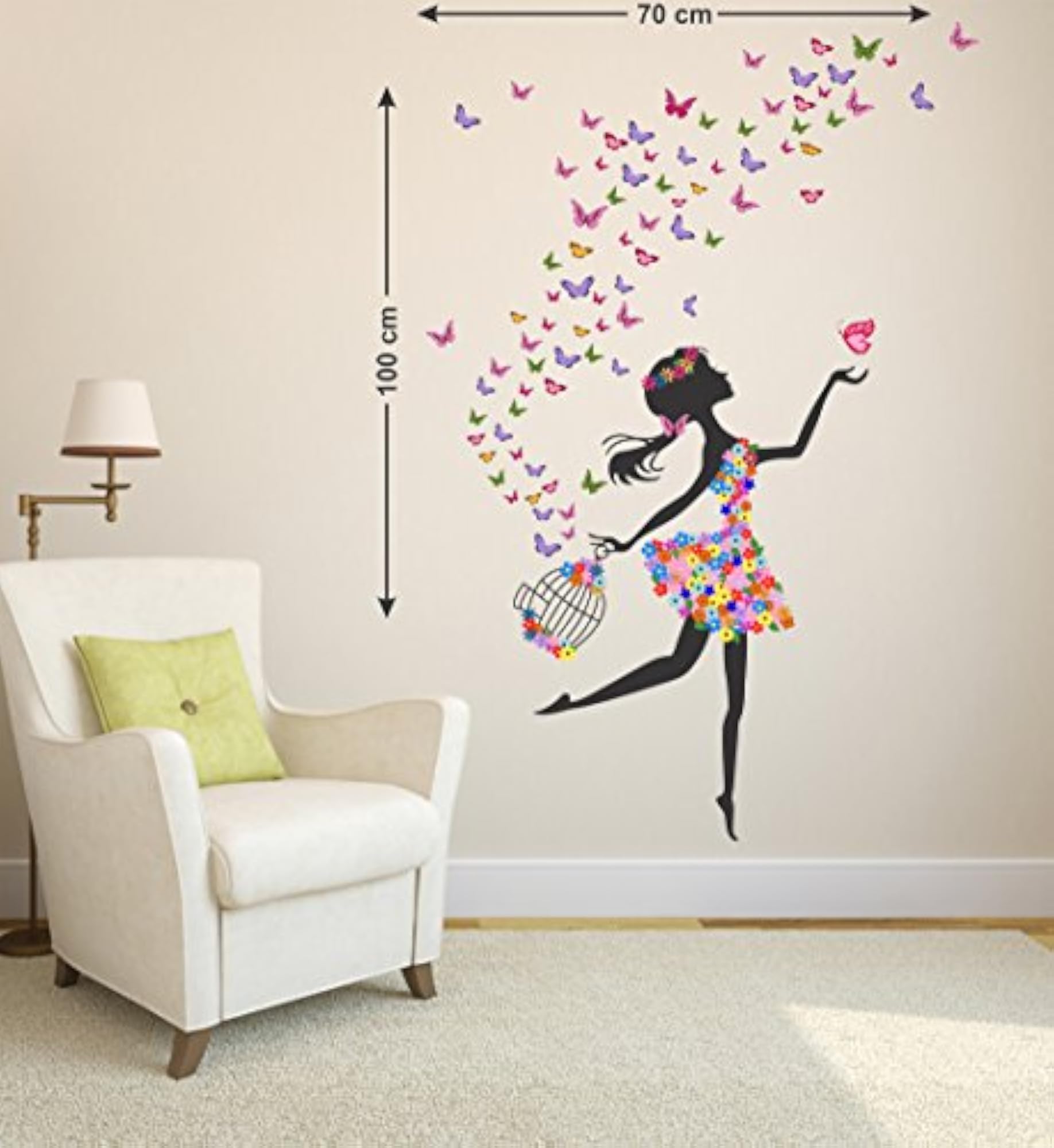 'Dreamy Girl with Flying Colourful Butterflies' Wall Sticker