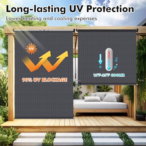 Image of Artpuch Patio Shades Roll Up Outdoor Roller Shade with Spliced Design, 135 inch W x 96 inch H Cordless Outside Blinds Cloth for Porch Pergola Gazebo, Blue Grey