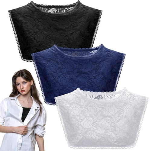 Image of Skicuff 3 Pcs Lace Cleavage Cover up for Low Neckline Fake Collars for Women Modesty Inserts for Low Cut Dresses Crew Collar