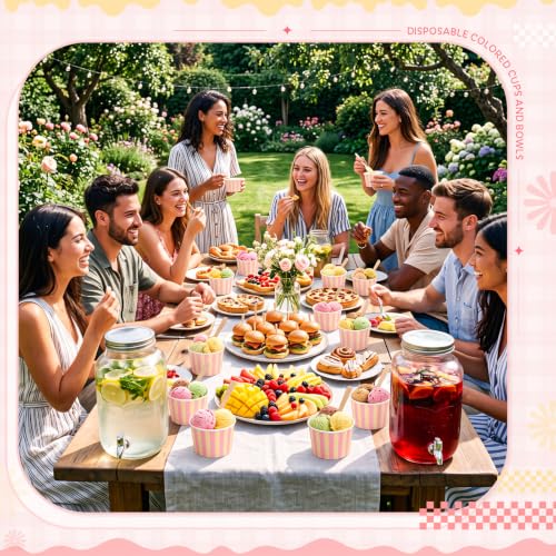 Image of Zopeal 50 Count Pink and Cream Striped Ice Cream Cups Paper Dessert Bowls | Disposable 9 oz Ice Cream Bowls, Birthday Party Supplies, Snack Cups Sundae Picnic Yogurt Bowls for Food