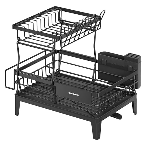 SONGMICS Escurreplatos, Escurridor para Encimera de Cocina de 2 Niveles, Giratorio 360° y Extensible, con Soporte para Cubiertos, 31 x 42 x 36,5 cm, Negro Tinta KCS551BH01