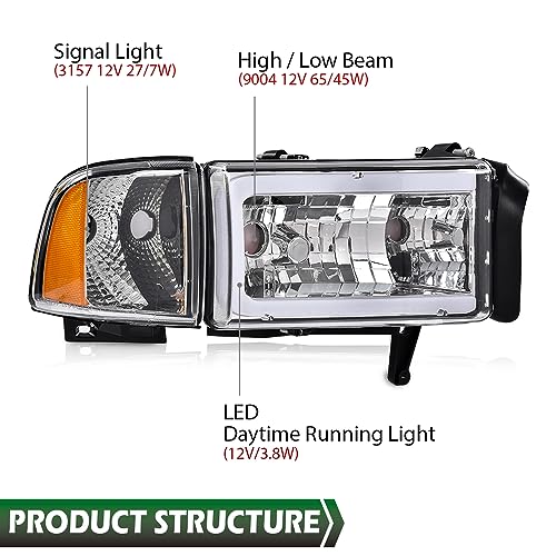 Image of GRAND ORANGE LED Headlight Assembly W /o Bulbs Compatible with Dodge Ram 1500 1994-2001 Fit Dodge Ram 2500 3500 1994-2002 Clear Lens Chrome Housing Amber Reflector faros delanteros