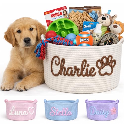 MBBEST Personalized Dog Toy Basket with Name, Cute Custom Dog Toy Storage Bin for Dogs & Cats, Handmade Cotton Rope Dog Toy Box Organizer for Toys, Treats & Blankets, Unique Gift for Pet Lovers
