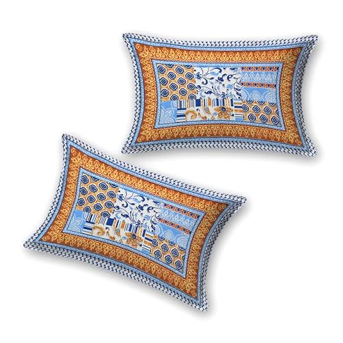 Image of India 100% Pure Cotton Jaipuri Printed Double Bedsheet with 2 Pillow Covers | Traditional Sanganeri Floral Design | Soft Breathable Fabric | King Size Bedsheet for Bedroom (Kaya34)