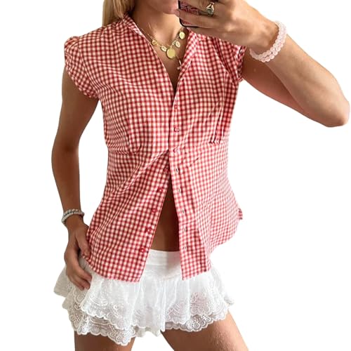 Women's Plaid Button Down Shirt Short Cap Sleeve V Neck Casual Blouse Tops for Woman (Red, S)