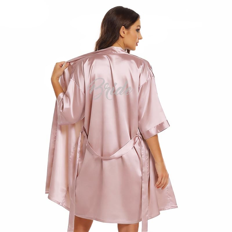 Image of Women's Bride Bridesmaid Robes Short Satin One Size Silver Rhinestones Wedding Party Getting Ready Sleepwear