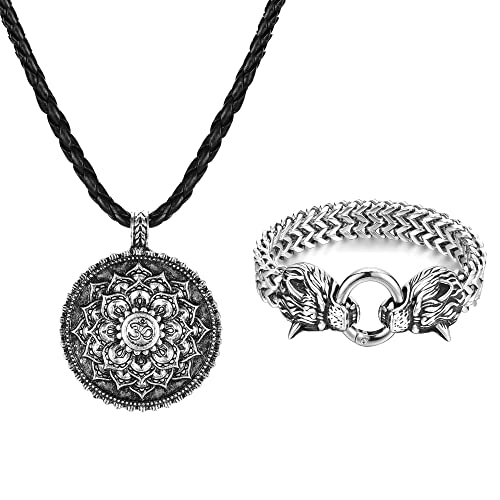 Zysta Pulsera vikinga con cabeza de lobo con colgante de flor de la vida, juego de joyas para hombres, hombres, papá, regalo