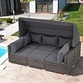Vicluke 6 Pieces Patio Furniture Sets Outdoor Sectional Sofa Set Rattan Daybed with Retractable Canopy, Adjustable Backrest, Storable Tea Table Rectangle Sunbed for Backyard Garden Poolside(Grey)
