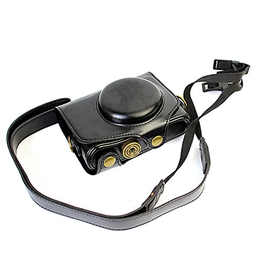 CEARI Leather DSLR Camera Case Bag with Neck Strap for Canon Powershot SX720 SX730 HS Digital SLR Camera - Black